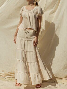 Natural Color Tiered Cotton Maxi Flowy Skirt
